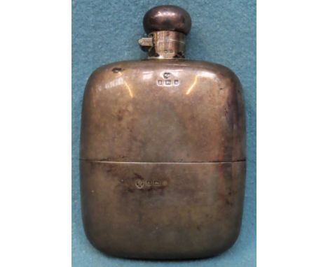 Hallmarked silver covered drinks flask, Birmingham assay. Approx. 13cms H. Total weight Approx. 234.2g reasonable used condit