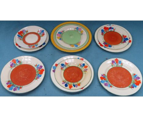 Quantity of various Clarice Cliff mostly saucers, side plates etc. mostly Crocus pattern. Approx. 10 pieces All in used condi