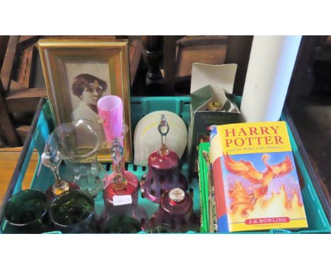 Sundry lot including coloured and other glassware, print, volumes including Harry Potter etc All in used condition, unchecked