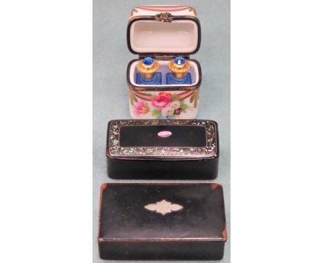 Two vintage ebonised mother of pearl inlaid snuff boxes, both with hinged covers, plus Limoges ceramic scent bottle box with 