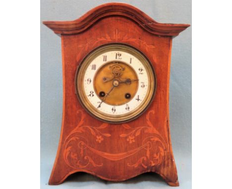 Late 19th/Early 20th century inlaid Mahogany mantle clock with circular enamelled brass dial. App. 28cm H Used condition, wea