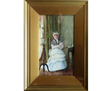 Polychrome print within gilt and glazed frame depicting an Antique style interior scene. App. 40 x 23cm Appears in reasonable