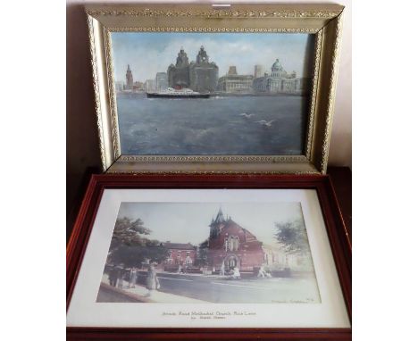 D. M. Simpson framed Oil on Board - Cross The Mersey, plus Frank Green print of Brook Road Methodist Church Both appear in re