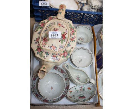 Miscellaneous early porcelain tea Bowls, cream Jug, teapot, etc., all damaged