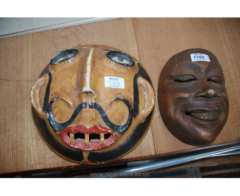 A vintage papier mache Mask, 26 cms with Dali style moustache and a carved wood Oriental Mask, 19 cms