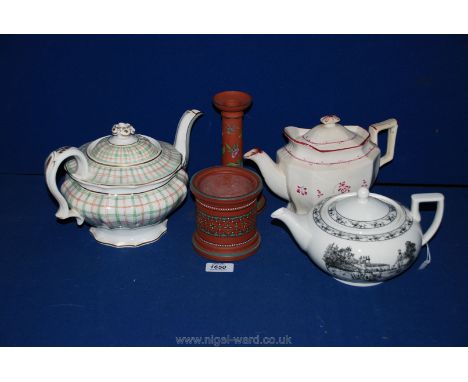 Two 19th c. Teapots, a Wedgwood Teapot along with a pottery candlestick and jar