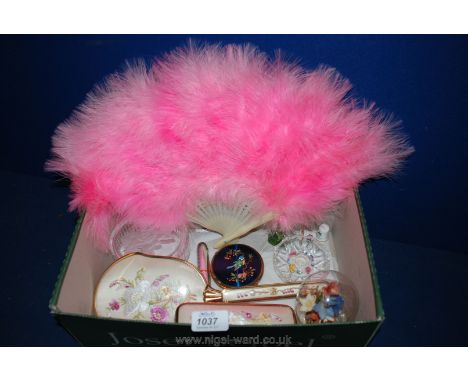 A Grafton blue enamel powder Compact with birds and flowers design and a hand Mirror and clothes brush with embroidered flora