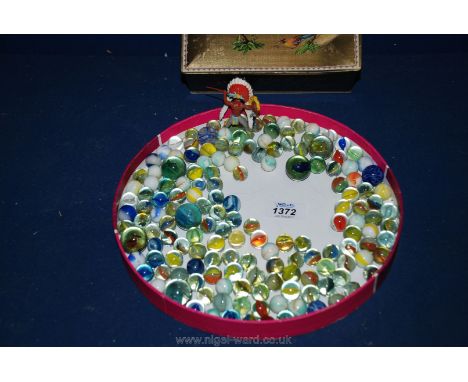 A Good Collection of Vintage Marbles T/W a Britain's Plastic Indian Chief in a 60's MacFarlane Lang & Co Biscuit Tin.