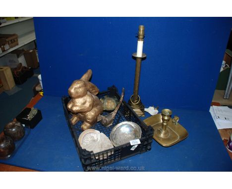 Miscellaneous items to include two abalone shells, paperweight, papier mache rabbit, brass table lamp and chamber stick, etc 