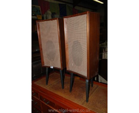 A pair of vintage (late 1950's) EMI Sonic Corner Speakers, in Mahogany veneer finish, a two way design with oval bass driver
