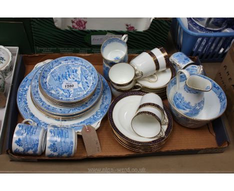 A Minton Coffee Set with royal blue and gold twist design rim and a pale blue pattern Victorian Teaset for six including cups