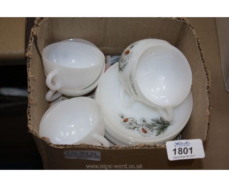 A 60's Set of Six Arcopal White Milk Glass Coffee Cups and Saucers Decorated with Daisies.