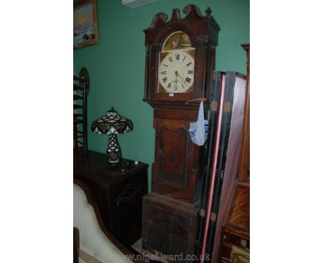 A Victorian Mahogany and Oak Longcase Clock with swan pediment hood, painted face, short door case with canted corners, stand