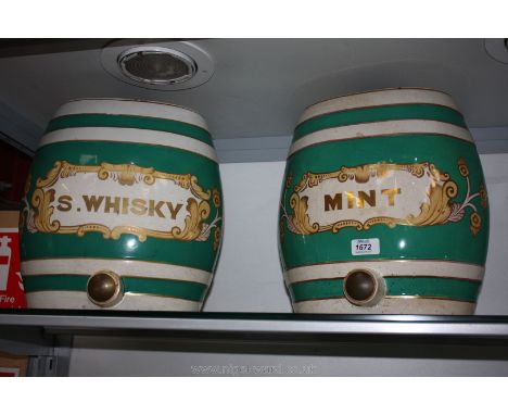 Two Victorian green banded 'Scotch Whisky' and 'Mint' pottery Barrels