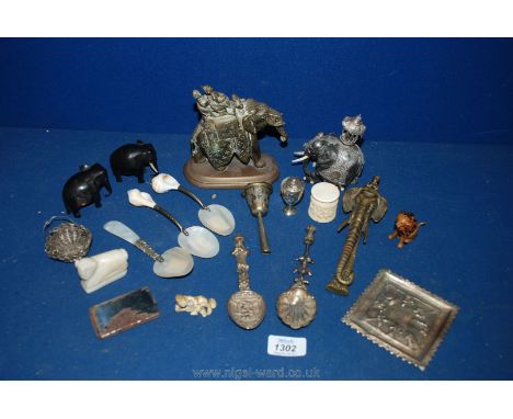 A quantity of carved Elephants, brass elephant door knocker, Asian metalwork, Netsuke etc
