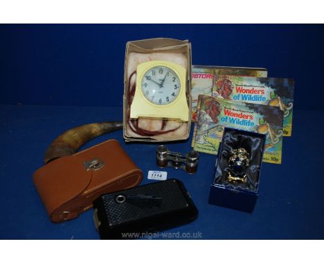A quantity of miscellanea including opera glasses, cased Solo pilot camera, an old Smiths electric alarm clock, seven Brooke 