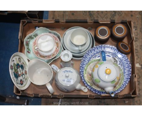 A quantity of china including moustache cup and saucer, Hornsea lidded pots, American Revolution commemorative teapot, petal 