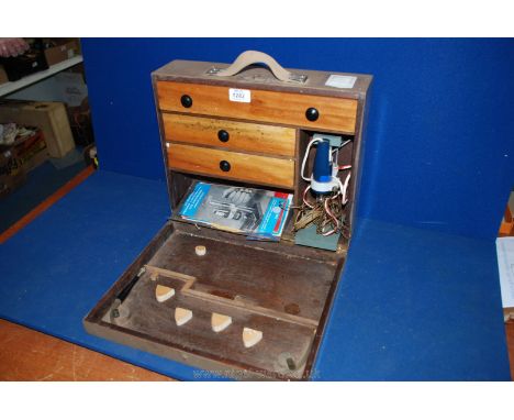 A miniature Precision Drill and stand in wooden carrying case with three drawers of accessories/tools