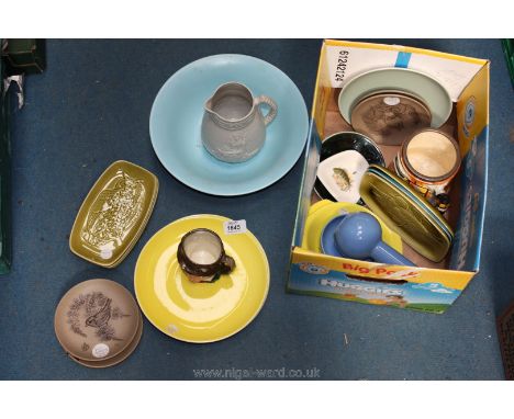 A quantity of china and pottery including Royal Doulton character jug, relief moulded jug, Poole pottery, trays and dishes, e