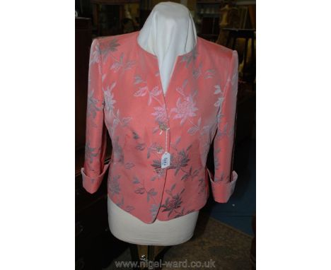 A ladies Armani peach and grey brocade Short Jacket with three quarter sleeves and a matching Sash, size 42 (10/12)