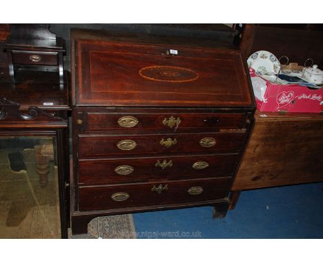 An Edwardian Mahogany inlaid Bureau with veneered detail, fall reveal front opening to reveal fitted interior, manual lopers,