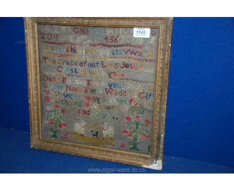 A small framed Sampler with numbers and text, lambs and a black cat 12" x 12"