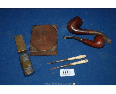 Two old pipes, an old Tommy lighter, Ivory handled nut picks, etc