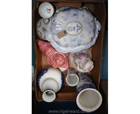Two George Jones 'Abbey' cylinder Vases, Asiatic pheasant lidded vegetable dish, old woman in the shoe teapot, etc.