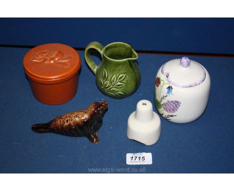 A Radford Covered Conserve and a Honiton Honey Pot T/W a Holkam Mint Sauce Jug, a Pie Funnel and a Seal.