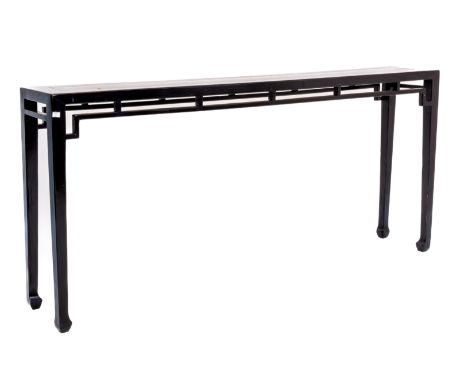 A SLIM BLACK LACQUER CONSOLE TABLE
On tapering square supports
180cm wide
Condition: For a condition report or further images