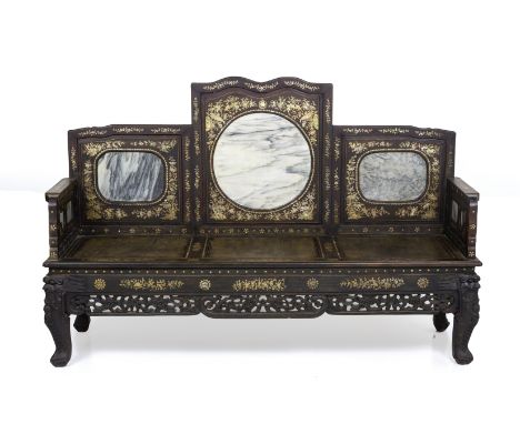 A MOTHER OF PEARL INLAID &amp; MARBLE INSET THREE SEATER SETTEE
The backrest and arms with marble inset panels and foliate mo