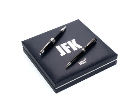 TWO MONTBLANC SPECIAL EDITION BALLPOINT PENS
Comprising: a JFK ballpoint pen, black resin with platinum plated. mounts, inscr