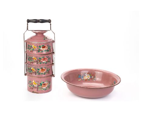 A FOUR-TIER ENAMEL TINGKAT AND A WASH BASIN
Decorated with birds and flowering foliage, the tingkat also inscribed "SLAMAT MA