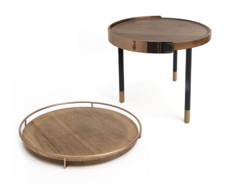 A WOOD &amp; COPPER FINISH TRAY AND SIDE TABLE
The circular tray bu Camino, with detachable circular wood panel within a copp