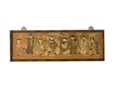 A CHINESE EMBROIDERED SILK EIGHT IMMORTALS PANEL In bamboo moulded frame The frame 23 x 67cm Condition: Condition Report Fadi