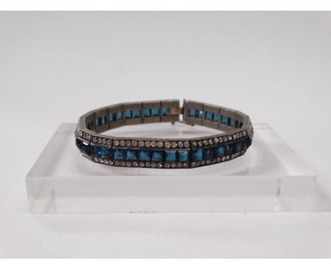 Art Deco bracelet - A square cut blue and brilliant chip cut white stone set bracelet with continental stamps verso, length 1