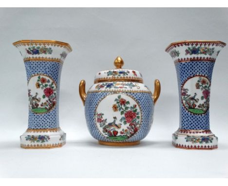 Spode Copeland China - A bullet shaped twin handled pot pourri vase, together with two squared trumpet shaped vases, largest 