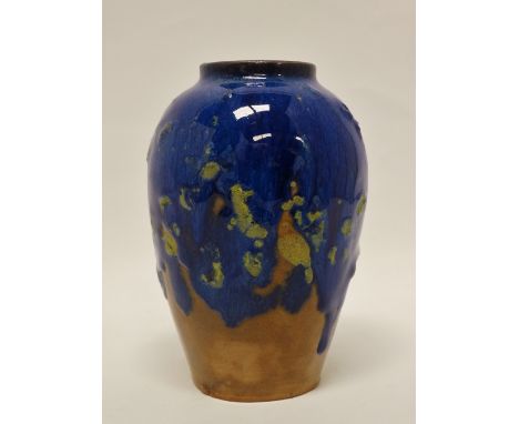 Atelier D'Art Labrec - A bullet shaped short vase with drip glaze enamel decoration, stamped to base, height 14cm, diameter 9