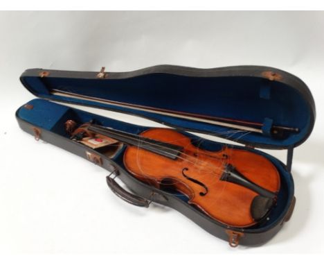 Violin - Marked 'Antonius Stradivarius Deutiche Urbeit 1886' (BB &amp; Co), a German violin with horsehair bow, cased, overal