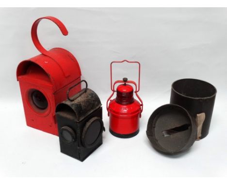Railwayana - Elizabeth II 1955, a japanned and red glass railway lamp with two clear lenses to sides for SNLW Ltd, a red pain