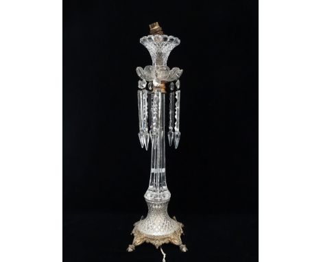 Early 20th century cut glass table lamp with lustres - With octagonal column, hobnail decorated top and concave base on an or