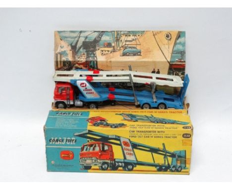 CORGI - Car Transporter with Ford Tilt Cab 'H' Series tractor unit and trailer, comprising of red and blue body with cast wir