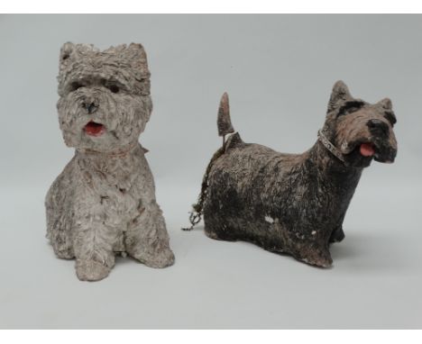 Two painted reconstituted stone figures of Highland terriers for Buchanan's 'Black and White Scotch whisky, largest height 32