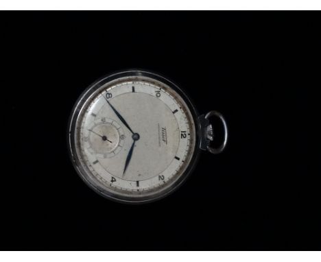 A Tissot 1930s ultraslim chromium cased pocket watch, with top winder and inset seconds dial at 6, case diameter 4.7cm.