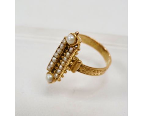 Georgian yellow metal marriage ring - With seed pearl and pearl decoration, unmarked, ring size L.