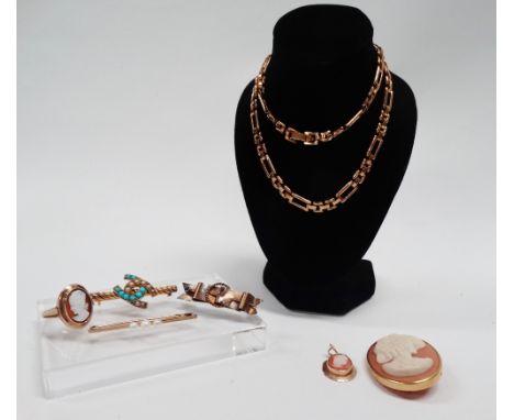 Assorted gold - To include a 15ct gold brooch, a 9ct gold bar brooch with seed pearls, a 9ct cameo ring, a 9ct gold cameo pen