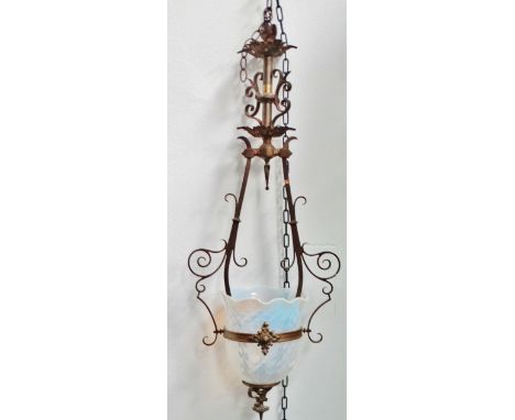 19th century vaseline glass and brass pendant light - An ornate light fitting with large dappled vaseline glass shade, overal