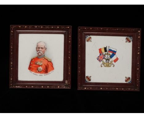 MILITARIA - A framed ceramic tile inscribed 'Field-Marshal Lord Roberts VC' and another with flags for the United Kingdom, Fr