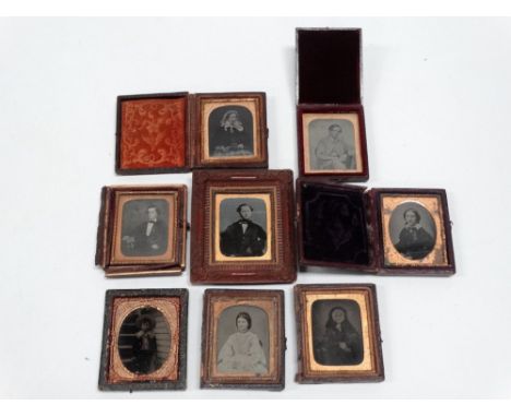 Eight ninth-plate ambrotype portraits, miscellaneous subjects and cases. (8)