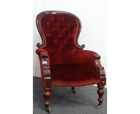 Pair of Victorian library chairs - Spoon back chairs with button back upholstery, with walnut frame and legs, height 100cm.